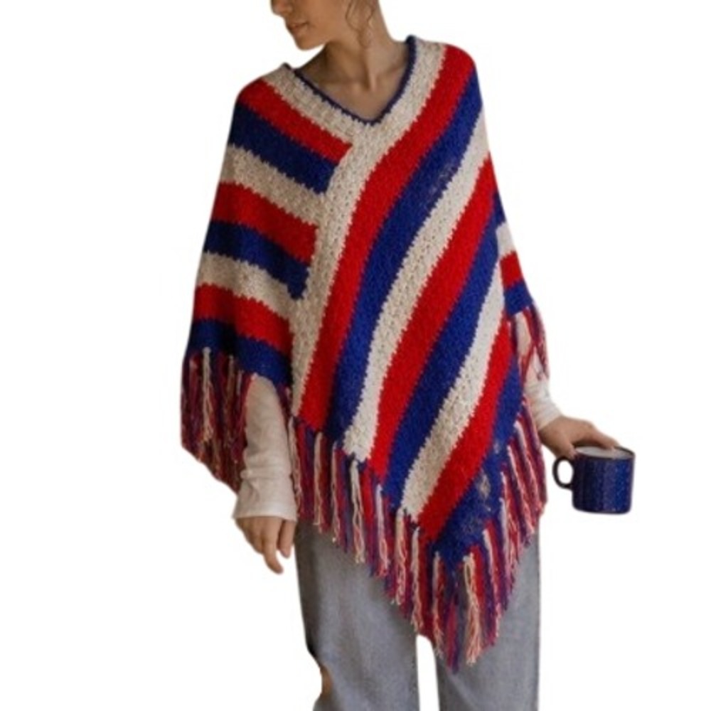 Vintage Crochet Striped Poncho Red White Blue Fringe Boho OS Americana Nautical